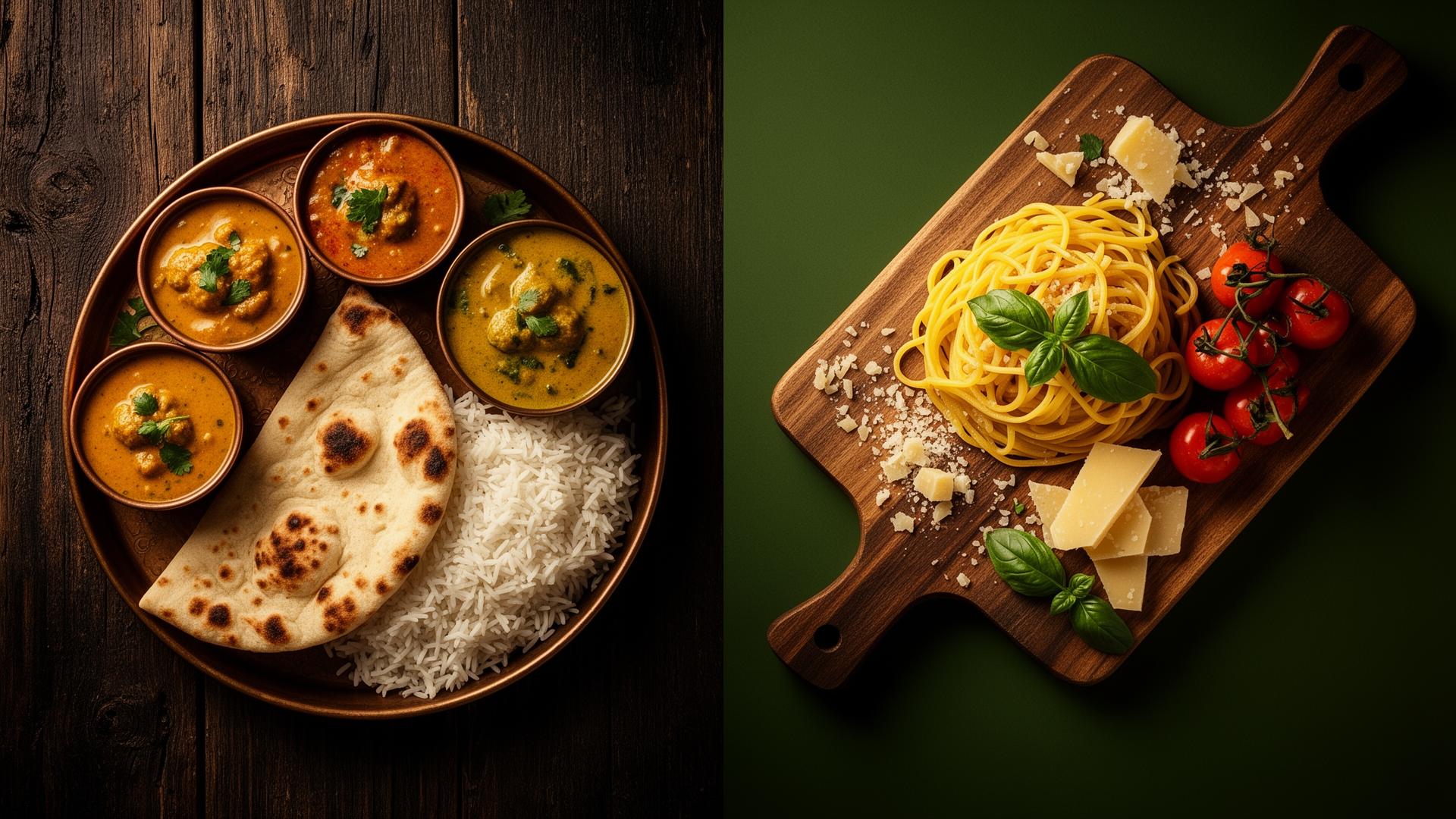 Indian Italian fusion spread on walnut table